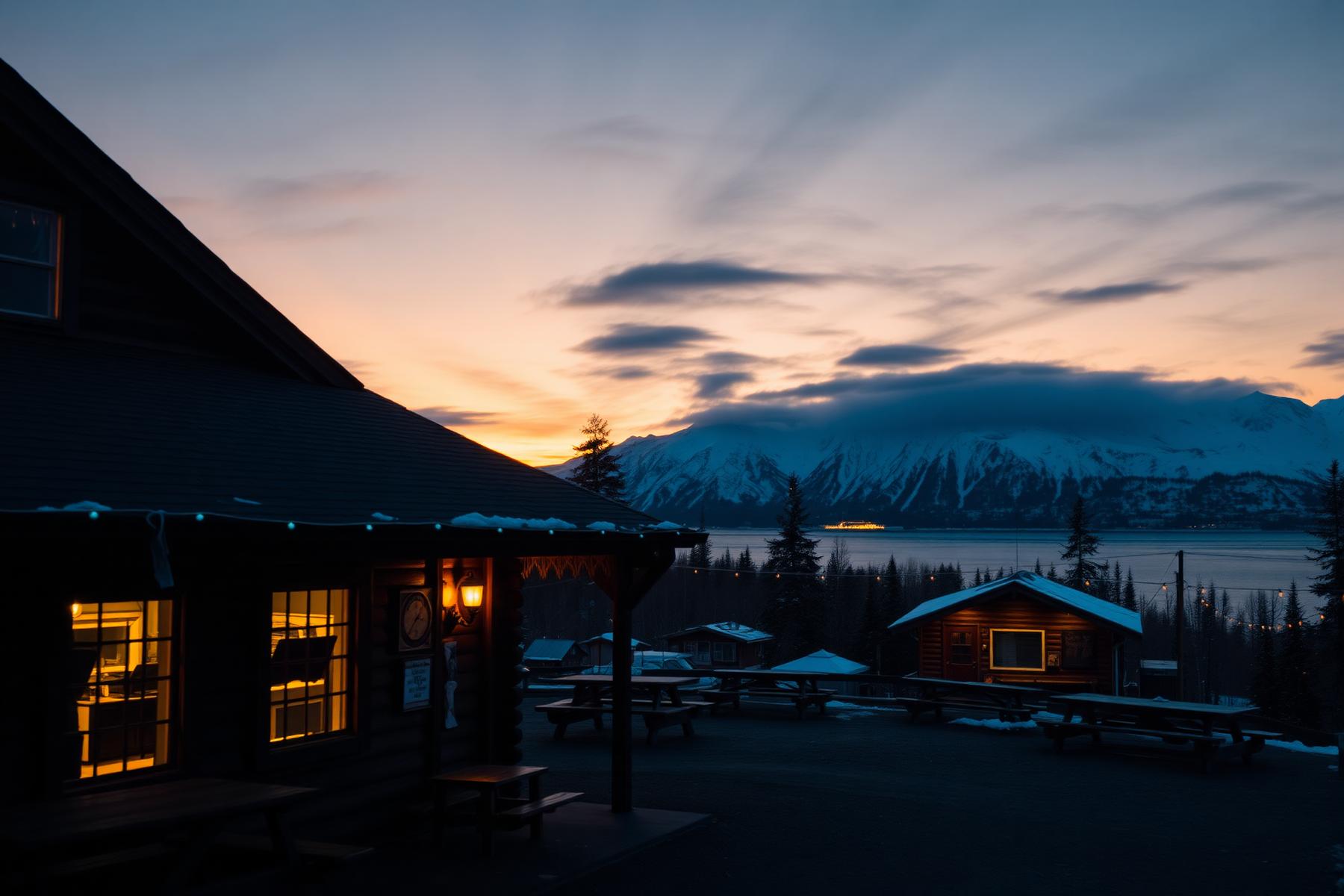 Log cabin restaurant at dusk